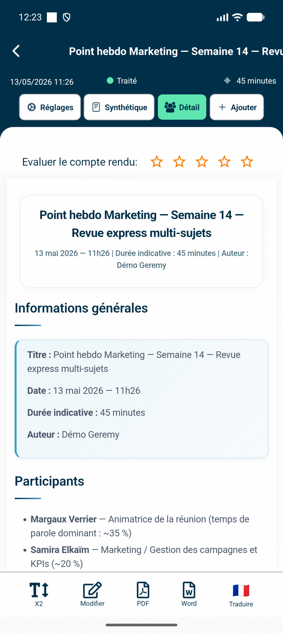 Aperçu de l’application Geremy